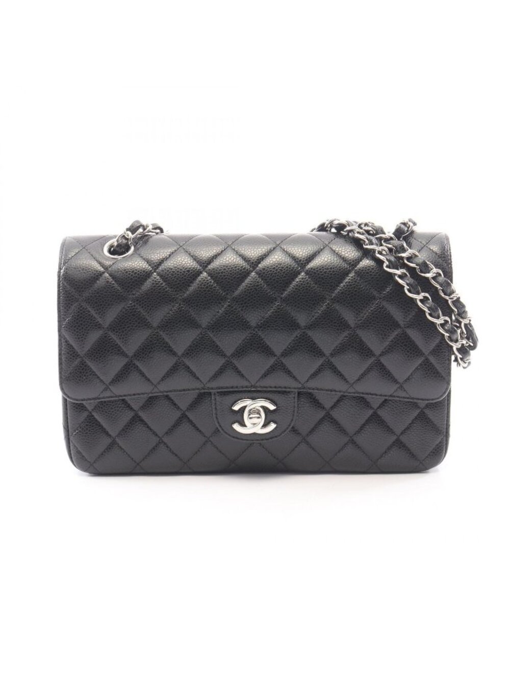 Chanel Shoulder Bag Quilted Double Flap Black Caviar Leather Chain